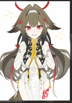 1girl armlet art_program_in_frame bare_shoulders bracelet breasts brown_hair brown_tail china_dress chinese_clothes clover clover_hair_ornament commentary_request cowboy_shot dress droopy_ears grin hair_ornament hairband jewelry leg_tattoo long_hair looking_at_viewer medium_breasts metal_bracelet red_eyes see-through_clothes silver_armlet silver_bracelet simple_background sleeveless sleeveless_dress smile solo tail tattoo very_long_hair white_background white_dress white_hairband ye_shunguang zenless_zone_zero ziiiing