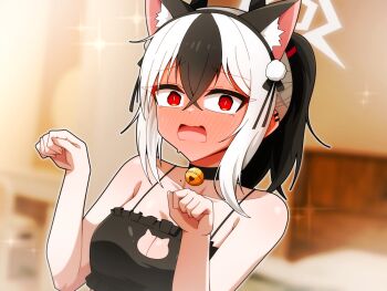 1girl alternate_costume animal_ear_hairband animal_ears bell black_bra black_hair blue_archive blush bra breasts cat_ear_hairband cat_ears cat_lingerie cleavage cleavage_cutout clothing_cutout commentary crossed_bangs demon_girl demon_horns ear_piercing embarrassed english_commentary fake_animal_ears full-face_blush hair_between_eyes hairband halo highres horns jingle_bell kayoko_(blue_archive) looking_at_viewer manli multicolored_hair open_mouth paw_pose piercing ponytail solo two-tone_hair underwear white_hair white_halo