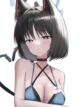 1girl absurdres animal_ear_fluff animal_ears black_choker black_eyes black_hair blue_archive blush breasts bright_pupils cat_ears cat_girl cat_tail choker cleavage closed_mouth criss-cross_halter flower frown halterneck heart_tail_duo highres kikyou_(blue_archive) kikyou_(swimsuit)_(blue_archive) large_breasts liiigang looking_at_viewer multiple_tails official_alternate_costume parted_bangs pink_flower short_hair solo tail tail_raised tsurime two_tails upper_body white_pupils