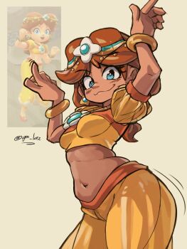 1girl blue_eyes bracelet brown_hair crop_top dancing dark-skinned_female dark_skin earrings gold_bracelet harem_pants highres jewelry laz_gm mario_(series) mario_kart mario_kart_world navel nintendo pants princess_daisy princess_daisy_(oasis)