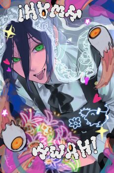 1girl black_hair black_ribbon chainsaw_man green_eyes hair_between_eyes highres japanese_clothes kohaa_ku long_hair_between_eyes monitoring_(vocaloid) neck_ribbon reze_(chainsaw_man) ribbon school_uniform shirt_tucked_in solo