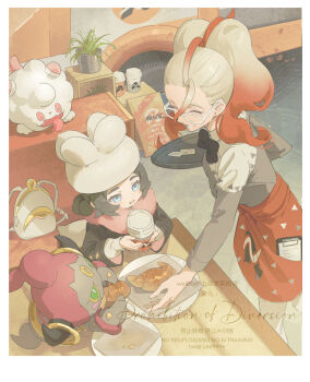 2girls ansha_(pokemon) backpack bag black_bow black_bowtie black_coat black_dress blonde_hair blue_eyes bow bowtie brown_hair closed_eyes coat coat_dress commentary_request croissant cup disposable_cup dress food gen_6_pokemon glasses griselle_(pokemon) hat highres holding holding_cup hoopa hoopa_(confined) indoors lee999nine legendary_pokemon long_hair long_sleeves multicolored_hair multiple_girls mythical_pokemon nintendo open_mouth pink_scarf plate pokemon pokemon_(creature) pokemon_legends:_z-a rectangular_eyewear red_hair scarf shirt sitting slurpuff table twintails twitter_username two-tone_hair unworn_backpack unworn_bag waitress white-framed_eyewear white_bag white_hat