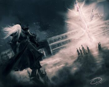 6+others armor artskiddy69 bare_tree black_robe building dark dutch_angle from_behind full_body gauntlets glowing highres horns long_hair magic mask multiple_others night official_alternate_costume people robe shadow_slave shoulder_armor silhouette snow sunny_(shadow_slave) tree walking white_hair