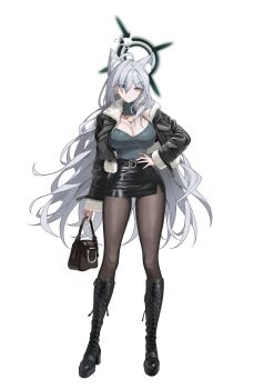 1girl 4meart0112 absurdres alternate_costume animal_ear_fluff animal_ears bag black_bag black_boots black_jacket black_pantyhose black_skirt blue_archive boots breasts broken_halo cleavage closed_mouth commentary_request cross_hair_ornament fingernails full_body grey_eyes grey_hair hair_between_eyes hair_ornament halo hand_on_own_hip handbag heterochromia high_heel_boots high_heels highres holding holding_bag jacket large_breasts long_hair looking_at_viewer open_clothes open_jacket pantyhose shiroko_terror_(blue_archive) skirt solo standing very_long_hair wolf_ears