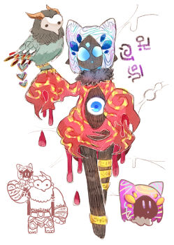 1girl :o anklet beco_(100me) bird bird_on_hand black_scarf black_skin blue_eyes body_horror bubble_skirt colored_skin commentary_request cone_hair_bun creature_and_personification double_bun dress dripping expressionless extra_ears fur_scarf hair_bun highres hole_in_chest hole_on_body jewelry kirby_(series) leglet liquid_hair multiple_views nintendo open_mouth personification pink_eyes pink_hair pointy_ears red_dress scarf short_dress short_hair skirt solid_eyes solid_oval_eyes third_eye_on_chest void_termina void_termina_(angel_form) void_termina_(demon_god_form) void_termina_(final_core) void_termina_(first_core) white_background white_hair