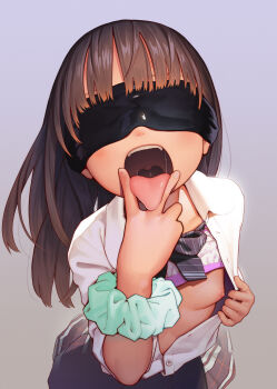 1girl absurdres aqua_scrunchie black_skirt blindfold bow bowtie bra bra_lift breasts brown_hair clothes_lift cunnilingus_gesture facing_viewer female_focus gradient_background highres loli long_hair muk_(monsieur) nipples one_breast_out open_clothes open_mouth open_shirt oral_invitation original saliva scrunchie shirt simple_background skirt small_breasts solo straight_hair striped_bow striped_bowtie striped_clothes striped_neckwear teeth tongue tongue_out unbuttoned unbuttoned_shirt underwear upper_teeth_only uvula white_shirt wrist_scrunchie