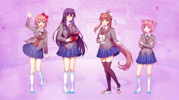 Rule 34 | 4girls, absurdres, artist request, black thighhighs, blue skirt, bob cut, book, bow, coat, contrapposto, crossed arms, doki doki literature club, full body, grey coat, hair bow, hair bun, hand up, highres, holding, holding book, long hair, long sidelocks, looking at viewer, matching outfits, monika (doki doki literature club), multiple girls, natsuki (doki doki literature club), neck ribbon, official art, outstretched hand, pigeon-toed, pink background, pink hair, pink vest, ponytail, purple hair, ribbon, sayori (doki doki literature club), shirt, short hair, sidelocks, skirt, smile, socks, standing, thighhighs, vest, waving, white shirt, white socks, window (computing), yuri (doki doki literature club)