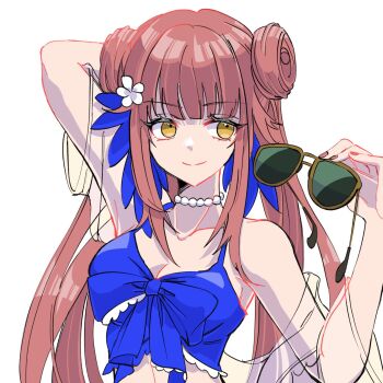 Rule 34 | 1girl, arknights, arm up, bead necklace, beads, bikini, blue bikini, breasts, ceylon (arknights), ceylon (holiday) (arknights), chomo o12, cleavage, double bun, feather hair, flower, hair bun, hair flower, hair ornament, highres, holding, holding removed eyewear, jewelry, long hair, looking at viewer, medium breasts, necklace, official alternate costume, one-hour drawing challenge, pink hair, smile, solo, sunglasses, swimsuit, unworn eyewear, upper body, very long hair, white flower, yellow eyes
