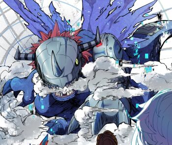Rule 34 | ayumuminato, blue scales, claw (weapon), cyborg, digimon, digimon (creature), digimon paradox, dinosaur, elecmon, eve (digimon), helmet, mechanical arms, metalgreymon (virus), red hair, sharp teeth, shinonome reiji, single mechanical arm, solo focus, teeth, torn wings, weapon, wings
