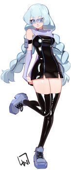 1girl absurdres black_thighhighs blue_eyes borrowed_character braid breasts closed_mouth commentary commission english_commentary full_body grey_hair highres l4wless large_breasts latex latex_thighhighs long_hair looking_at_viewer low_twin_braids original shiny_clothes shoes simple_background smile sneakers solo thighhighs twin_braids white_background white_shoes