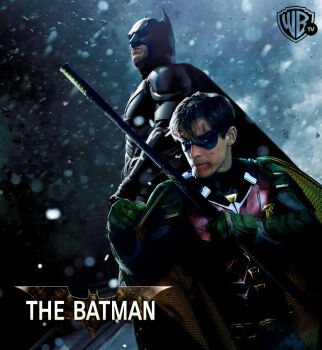 2boys batman batman_(series) bodysuit brenton_thwaites bruise bruise_on_face christian_bale dc_comics injury masked_male multiple_boys photo_(medium) robin_(dc) staff_(weapon) the_dark_knight third-party_edit titans_(tv_series)