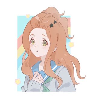 Rule 34 | 1girl, :o, bangs pinned back, blue sailor collar, border, brown hair, collarbone, cropped torso, dot nose, expressionless, eyelashes, forehead, freckles, green eyes, green neckerchief, grey shirt, hair ornament, hibike! euphonium, highres, kenzaki ririka, light blush, liz to aoi tori, long hair, long sleeves, looking ahead, miqingya, neckerchief, outside border, parted lips, ponytail, puffy long sleeves, puffy sleeves, rainbow, sailor collar, school uniform, serafuku, shirt, short ponytail, sidelocks, sleeves past wrists, solo, star (symbol), star hair ornament, tareme, wavy hair, white border