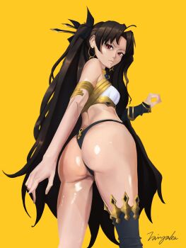 1girl absurdres armlet ass black_hair breasts commentary_request curvy earrings fate/grand_order fate_(series) highres huge_ass ishtar_(fate) jewelry long_hair looking_at_viewer medium_breasts red_eyes revealing_clothes shiny_skin single_thighhigh thighhighs thong tiara two_side_up wide_hips