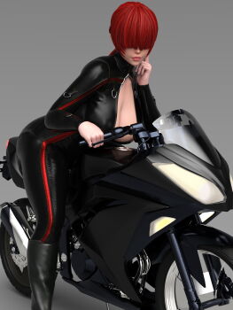 1girl ass bodysuit breasts curvy female_focus huge_ass huge_breasts large_breasts long_hair motor_vehicle motorcycle pale_skin ponytail red_hair riding ryu4life shermie_(kof) skin_tight the_king_of_fighters thick_lips thick_thighs thighs