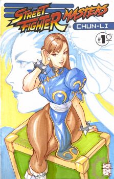 1girl acecore2k blue_dress boots bracelet brown_eyes brown_hair brown_leggings bun_cover capcom character_name china_dress chinese_clothes chun-li commentary copyright_logo cover_sketch crossed_legs dress earrings english_commentary hair_down highres jewelry leggings logo looking_at_viewer marker_(medium) pen_(medium) pinup_(style) profile puffy_short_sleeves puffy_sleeves short_sleeves sitting smile solo spiked_bracelet spikes street_fighter thick_thighs thighs traditional_media white_boots