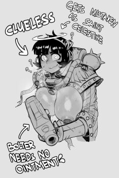 ? adepta_sororitas angel armor arrow_(symbol) assault_rifle azazel_(helltaker) black_hair blush bolter breasts breasts_out commentary english_commentary english_text fleur-de-lis glowing glowing_eyes greyscale gun hair_ribbon halo helltaker highres holding holding_gun holding_weapon huge_breasts krekkball krekkov large_areolae looking_at_viewer monochrome pauldrons power_armor purity_seal ribbon rifle short_hair shoulder_armor sweat sweatdrop upper_body warhammer_40k weapon
