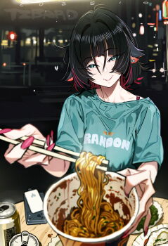 1girl absurdres animal_ears black_hair blue_eyes blue_shirt bowl can cellphone chopsticks closed_mouth food highres holding holding_bowl holding_chopsticks jane_doe_(zenless_zone_zero) looking_at_viewer multicolored_hair noodles phone red_nails shirt smartphone smile solo streaked_hair table tizibade zenless_zone_zero