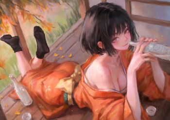 1girl absurdres alcohol autumn autumn_leaves black_hair black_socks blush bottle breasts brown_eyes choko_(cup) cleavage closed_mouth commentary_request cup feet feet_up grass highres hjwhuhu holding holding_bottle japanese_clothes kimono leaf looking_at_viewer lying medium_breasts no_shoes obi off_shoulder on_stomach orange_eyes orange_kimono original outdoors porch sakazuki sake sake_bottle sash short_hair sliding_doors smile socks soles solo sweat tabi the_pose tokkuri veranda wooden_floor