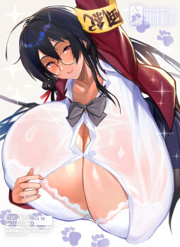 1girl ahoge arm_up armband azur_lane black_bow black_bowtie black_hair black_skirt blush bow bowtie bra breasts cleavage cleavage_cutout clothing_cutout commentary_request commission gigantic_breasts glasses hachirou_(crazy318) highres jacket long_hair looking_at_viewer official_alternate_costume parted_lips red_eyes red_jacket round_eyewear school_uniform shirt signature skeb_commission skirt taihou_(azur_lane) taihou_(sweet_time_after_school)_(azur_lane) underwear white_bra white_shirt yellow_armband
