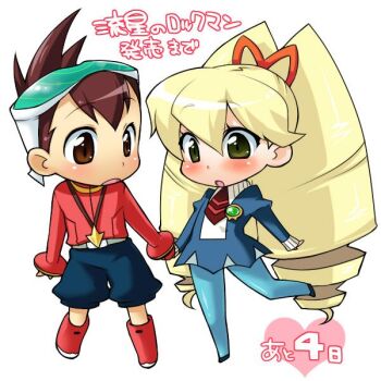 1boy 1girl bad_id bad_pixiv_id blonde_hair blue_dress blue_pantyhose blush bow brown_eyes brown_hair chibi dress drill_hair eyewear_on_head geo_stelar_(mega_man) green_eyes hair_bow holding_hands jewelry kanya_pyi long_hair luna_platz_(mega_man) mega_man_(series) mega_man_star_force_(series) necklace pantyhose red_shirt shirt translation_request twin_drills very_long_hair