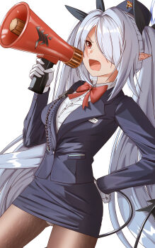 1girl absurdres alternate_costume black_hat black_jacket black_pantyhose black_skirt blue_archive bow bowtie dark-skinned_female dark_skin demon_tail garrison_cap gehenna_academy_logo gloves grey_hair hair_over_one_eye halo hat highres holding holding_megaphone iori_(blue_archive) jacket long_hair megaphone open_mouth panties panties_under_pantyhose pantyhose pencil_skirt pointy_ears red_bow red_bowtie red_eyes shirt skirt solo tail taylor_(41848077) tour_guide twintails underwear white_gloves white_shirt