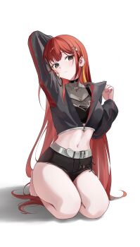 1girl absurdres akane_lize arm_up barefoot belt belt_buckle black_jacket black_shirt black_shorts breasts buckle closed_mouth commentary cropped_jacket cropped_shirt full_body grey_belt grey_eyes highres jacket large_breasts long_hair long_sleeves mole mole_under_eye multicolored_hair navel parted_bangs partially_unzipped red_hair see-through_cleavage see-through_clothes see-through_shirt seiza shadow shirt short_shorts shorts simple_background sitting solo split_mouth stellive stomach straight_hair streaked_hair tsuyu_(yzxx7825) very_long_hair virtual_youtuber white_background