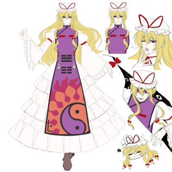 Rule 34 | 1girl, absurdres, blonde hair, boots, brown boots, choker, closed mouth, commentary request, dress, evil smile, frills, full body, gap (touhou), gloves, hair between eyes, hair ribbon, hand up, hat, hat ribbon, highres, ktsis, long hair, long sleeves, looking at viewer, mob cap, multiple expressions, puffy sleeves, purple eyes, purple tabard, ribbon, ribbon choker, smile, standing, tabard, tearing up, touhou, variations, white dress, white gloves, yakumo yukari, yawning