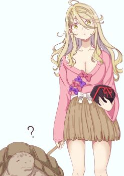 Rule 34 | 1girl, ?, adapted costume, blue background, bow, bowtie, box, breasts, brown skirt, cleavage, collarbone, commentary request, curly hair, hair between eyes, highres, holding, holding box, long hair, long hair between eyes, long sleeves, looking at viewer, loose clothes, loose sweater, make heroine ga oo sugiru!, mono9ron, no bra, parted lips, pink bow, pink bowtie, pink sweater, purple bow, purple bowtie, shikiya yumeko, simple background, skirt, solo, standing, sweater, turtle