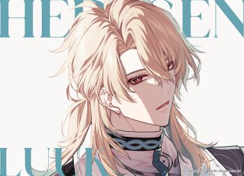 1boy artist_name blonde_hair bright_pupils character_name commentary dated english_commentary grey_background hair_between_eyes hisuririi long_hair looking_at_viewer luuk_herssen_(wuthering_waves) male_focus multicolored_hair parted_lips red_eyes solo streaked_hair white_pupils wuthering_waves