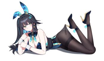 1girl abigail_(black_survival) abigail_(poker_face)_(black_survival) absurdres animal_ears bare_shoulders black_hair black_shoes black_survival blue_leotard bow bowtie breasts brown_pantyhose cleavage closed_mouth clothes_pull colored_inner_hair commentary detached_collar eternal_return:_black_survival fake_animal_ears green_eyes hair_ornament hairband hairclip high_heels highleg highleg_leotard highres legs_up leotard long_hair looking_at_viewer lying medium_breasts multicolored_hair official_alternate_costume on_stomach one_side_up pantyhose pantyhose_pull playboy_bunny pulling_own_clothes rabbit_ears shoes simple_background solo strapless strapless_leotard streaked_hair taenyaki the_pose thighband_pantyhose white_background wrist_cuffs