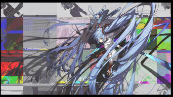 Rule 34 | 1girl, black choker, blue eyes, blue hair, blush, choker, closed mouth, elbow cutout, from above, from side, glitch, hair between eyes, hatsune miku, highres, hood, hoodie, kieed, long hair, looking at viewer, red thighhighs, shorts, solo, thighhighs, very long hair, vocaloid, white hoodie, white shorts