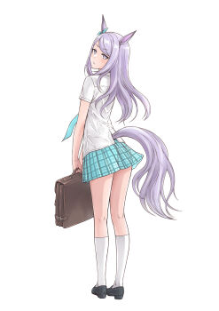 1girl alternate_costume animal_ears aqua_bow aqua_necktie aqua_skirt bag black_shoes bow briefcase brown_bag chestnut_mouth commentary_request ear_bow floating_hair from_behind full_body highres holding holding_briefcase horse_ears horse_girl horse_tail kisaragi_gunma kneehighs kneepits loafers long_hair looking_back mejiro_mcqueen_(umamusume) necktie parted_lips plaid_clothes plaid_skirt pleated_skirt purple_eyes purple_hair school_briefcase school_uniform shirt shoes short_sleeves simple_background skirt socks solo standing tail umamusume white_background white_shirt white_socks
