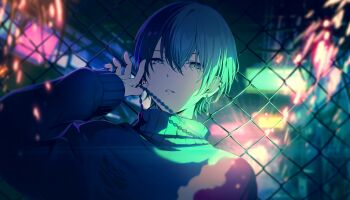 1boy aoyagi_touya blue_hair break_down_the_wall_(project_sekai) chain-link_fence colorful_palette fence fingernails game_cg grey_eyes hair_between_eyes highres jewelry long_sleeves looking_at_viewer male_focus mole mole_under_eye multicolored_hair necklace official_alternate_costume official_art parted_lips project_sekai short_hair sleeves_past_wrists solo split-color_hair sweater teeth third-party_source turtleneck turtleneck_sweater