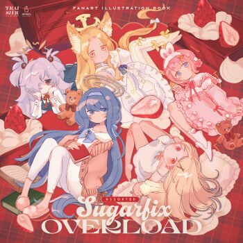 5girls animal_ears blonde_hair blue_archive blue_hair book cake camisole cardigan commentary_request crossover dress english_text food fox_ears fox_girl fox_tail frills fruit gakuen_idolmaster grey_hair hair_over_one_eye halo highres hikagami_hinami idolmaster kanoe_(blue_archive) long_hair looking_at_viewer multiple_girls nijisanji official_alternate_costume pink_hair seia_(blue_archive) shinosawa_hiro strawberry stuffed_animal stuffed_toy suo_sango suo_sango_(2nd_costume) tail teddy_bear two_side_up ui_(blue_archive) very_long_hair virtual_youtuber white_dress