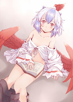 1girl bare_shoulders black_skirt blue_hair blush book brown_background clothes_down collarbone commentary_request feathered_wings feet_out_of_frame fingernails gradient_background grey_hair hair_ornament holding holding_book knees light_frown looking_at_viewer looking_up multicolored_hair navel off_shoulder open_book rangycrow red_eyes red_wings shirt skirt small_horns solo split_mouth stomach thighs tokiko_(touhou) touhou two-tone_hair white_shirt wing_hair_ornament wings