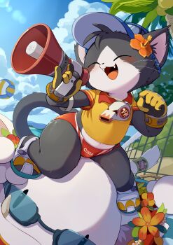 1boy 1other animal_ears black_fur blue_hat blush cait_sith_(final_fantasy) cat_boy cat_ears cat_tail closed_eyes commentary_request fangs final_fantasy final_fantasy_vii flower flower_on_head furry furry_male hat hibiscus highres holding holding_megaphone lifeguard looking_to_the_side male_swimwear megaphone mog mokechi multicolored_fur on_head open_mouth red_male_swimwear shota sitting sunglasses tail volleyball volleyball_net whistle whistle_around_neck white_fur
