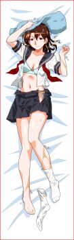 Rule 34 | 1girl, absurdres, bed sheet, black skirt, border, bra, brown eyes, brown hair, dakimakura (medium), earrings, full body, highres, holding, holding towel, jewelry, kurihara mari, long hair, lying, miniskirt, mole, mole under eye, navel, non-web source, on back, open clothes, open shirt, panties, photoshop (medium), pleated skirt, red border, short sleeves, side-tie panties, single sock removed, skirt, smile, socks, solo, stud earrings, super real mahjong, towel, towel on head, underwear, wet, wet clothes, white socks