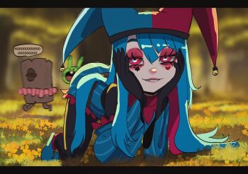 1girl 2others animal_ears aqua_hair artist_self-insert basedbinkie bell bent_over black_gloves black_pantyhose club_(shape) colored_skin english_text facepaint fang flower gloves grass hands_on_own_face hat head_rest heart highres jester jester_cap looking_at_viewer multicolored_hair multiple_others on_grass original pantyhose pink_eyes pink_hair pink_skin pippi_panini_(basedbinkie) pointed_footwear rabbit_ears running speech_bubble teeth tree_stump tutu two-tone_hair wide_mouth woody_the_mockstump_(basedbinkie) yellow_flower