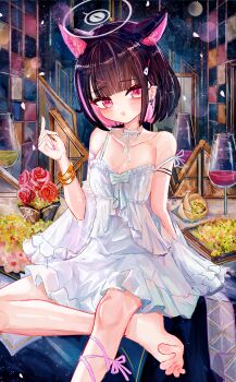 1girl a1u absurdres alternate_costume animal_ears barefoot black_hair blue_archive blush breasts cat_ears cat_girl colored_inner_hair commentary cup dress drinking_glass earrings extra_ears grey_halo hair_ornament hairclip halo hand_up highres jewelry kazusa_(blue_archive) looking_at_viewer multicolored_hair open_mouth pink_hair revision short_dress short_hair sitting small_breasts solo strap_slip toes white_dress wine_glass