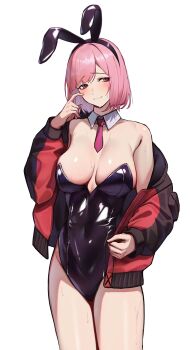 1girl 3_small_spiders absurdres animal_ear_hairband animal_ears black_jacket black_leotard blush breasts breasts_apart closed_mouth commentary_request cowboy_shot detached_collar fake_animal_ears female_commander_(girls&#039;_frontline) girls&#039;_frontline girls&#039;_frontline_2:_exilium hairband highres jacket leotard looking_at_viewer multicolored_jacket necktie open_clothes open_jacket pink_hair pink_necktie playboy_bunny rabbit_ear_hairband rabbit_ears red_eyes red_jacket short_hair short_necktie simple_background smile solo strapless strapless_leotard sweat two-tone_jacket white_background