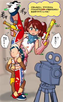 1girl absurdres bandana bar_censor belt brown_hair camera censored chaps denim denim_shorts dot_nose full_body gloves green_eyes hair_ornament highres loli monkey n_m_dekkaisauce pussy ribbon saru_getchu sayaka_(saru_getchu) shorts split spread_legs standing standing_on_one_leg tank_top toy_gun twintails