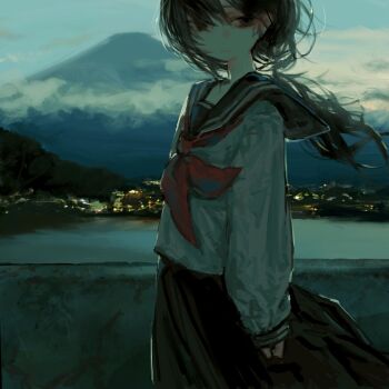 1girl backlighting black_hair black_sailor_collar black_skirt brown_eyes city city_lights cloud cowboy_shot expressionless floating_clothes floating_hair highres long_hair looking_to_the_side low_ponytail neckerchief nia_(x_x02) original ponytail red_neckerchief sailor_collar school_uniform serafuku skirt sky sleeves_past_wrists solo water