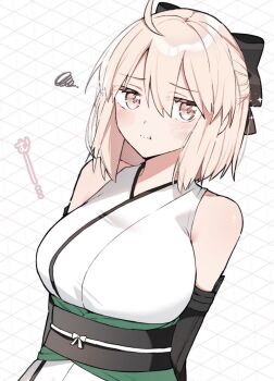 1girl ahoge arm_guards arms_behind_back bare_shoulders breasts commentary double-parted_bangs draw_happy_set fate/grand_order fate_(series) hair_between_eyes highres japanese_clothes kimono large_breasts light_blush looking_at_viewer obi obijime okita_souji_(second_ascension)_(fate) pink_eyes pink_hair pout sash sleeveless sleeveless_kimono solo sparkle squiggle white_kimono