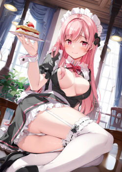 1girl areola_slip ass black_dress blush breasts cafe cake cake_slice commentary_request convenient_hair dress food frills garter_belt hair_ornament hair_over_breasts hair_over_one_breast hair_ribbon holding holding_plate indoors long_hair looking_at_viewer maid maid_headdress medium_breasts miyase_mahiro on_table one_breast_out open_clothes original panties pink_eyes pink_hair plate ribbon smile solo table thighhighs underwear white_panties white_thighhighs wrist_cuffs