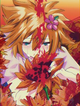 1boy basil_(faraway)_(omori) basil_(omori) blonde_hair blood blood_on_face blue_eyes blush collared_shirt commentary_request crying crying_with_eyes_open double-parted_bangs flower hair_between_eyes hair_flower hair_ornament highres kauchi_(kani10cauchi) male_focus omori shirt short_hair short_sleeves sidelocks solo sunflower tears upper_body white_shirt