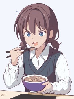 Rule 34 | 1girl, black sweater vest, blue eyes, bowl, brown hair, buttons, chopsticks, collared shirt, commentary request, ears, eating, female focus, food, girls band cry, greyscale, hand up, highres, holding, holding chopsticks, iseri nina, medium hair, monochrome, open mouth, pet bowl, shirt, sitting, sweater vest, table, tagme, teeth, tray, twintails, white shirt