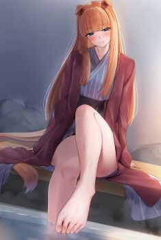 1girl absurdres alternate_costume animal_ears arugou bath_yukata blue_eyes blunt_bangs blush breasts closed_mouth collarbone commentary_request foot_bath green_eyes highres hime_cut horse_ears horse_girl horse_tail japanese_clothes kimono long_hair long_sleeves looking_at_viewer onsen orange_hair orange_tail red_robe robe silence_suzuka_(umamusume) sitting small_breasts smile solo tail umamusume water wet yukata