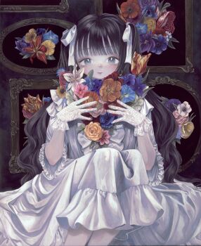 1girl black_hair blue_eyes commentary_request dress flower flower_request frilled_dress frilled_sleeves frills gloves hair_ribbon highres lace lace_gloves long_hair looking_at_viewer monou_pico original portrait_(object) ribbon solo three-quarter_sleeves two_side_up white_dress white_gloves