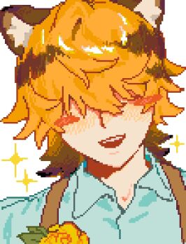Rule 34 | 1boy, animal ear fluff, animal ears, blanc (heartopia), blonde hair, blush, brown hair, collared shirt, commentary request, facing viewer, flower, hair over eyes, heartopia, heartopia (medium), highres, multicolored hair, nxx17, open mouth, pixel art, portrait, rose, shirt, solo, sparkle, teeth, tiger boy, tiger ears, two-tone hair, upper teeth only, yellow flower, yellow rose