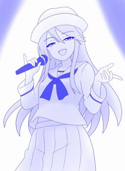 Rule 34 | 1girl, blouse, blue theme, commentary, dixie cup hat, flint (girls und panzer), girls und panzer, half-closed eyes, hat, holding, holding microphone, long hair, long sleeves, looking at viewer, microphone, midriff peek, military hat, monochrome, neckerchief, ooarai naval school uniform, open mouth, pinky out, pleated skirt, sailor, sailor collar, school uniform, serafuku, shira14, shirt, skirt, smile, solo, standing